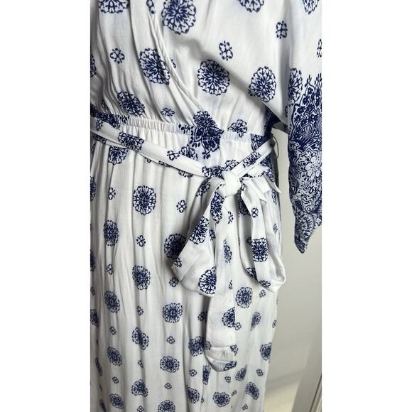 Lulus South of France Blue & Ivory Print Kimono V-Neck Maxi Dress Small Coastal - Picture 13 of 16